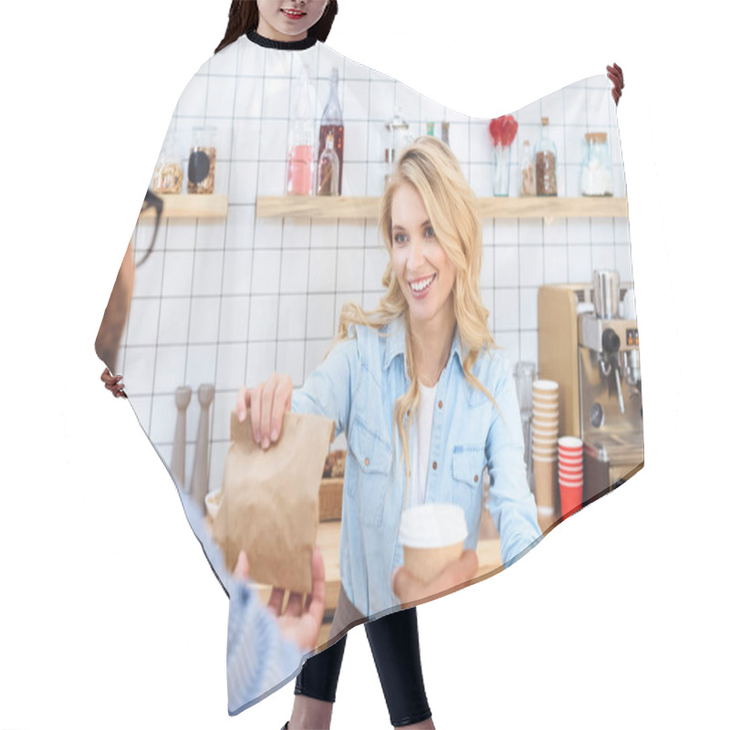 Personality  Waitress And Client With Coffee To Go Hair Cutting Cape