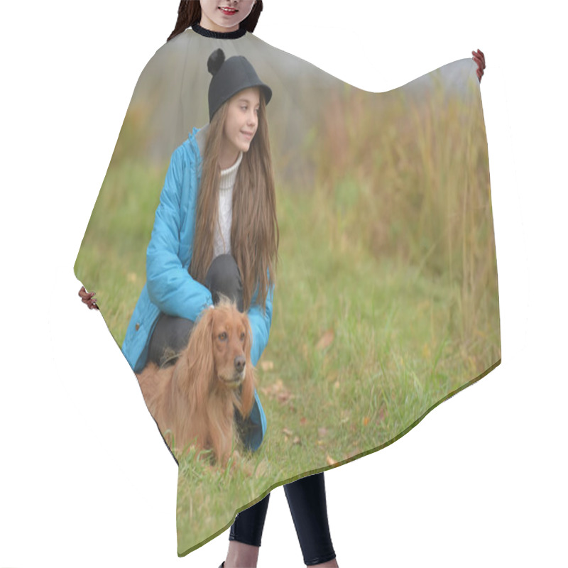 Personality  Happy Girl In The Park With A Spaniel In The Fall By The Lake Hair Cutting Cape