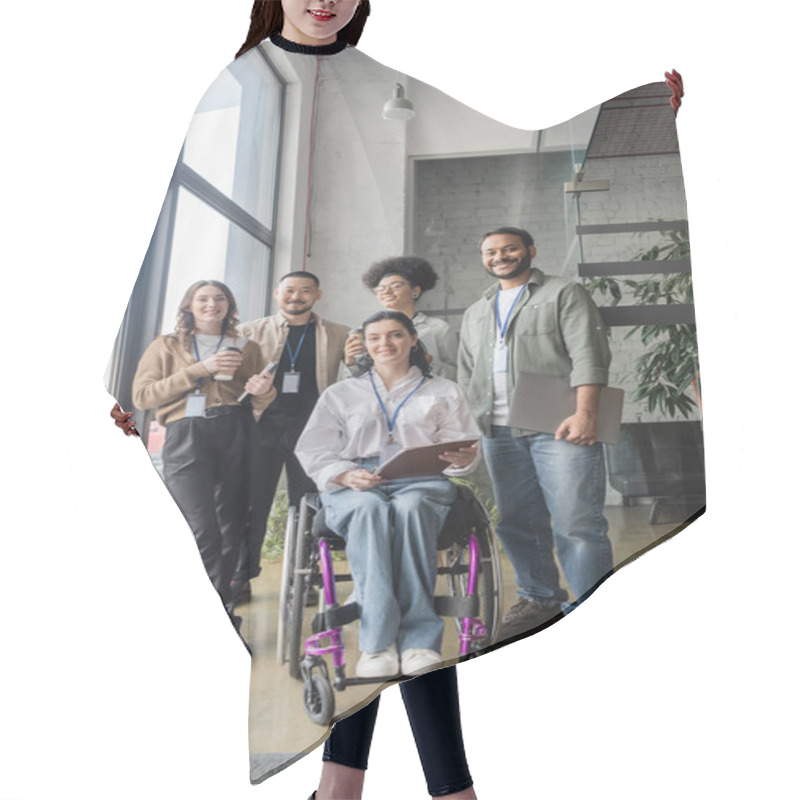 Personality  Group Shot Of Diverse Startup Team Looking At Camera In Office, Wheelchair User, Inclusion Concept Hair Cutting Cape