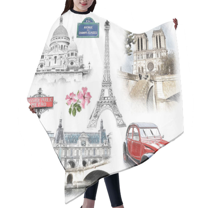 Personality  Paris Landmarks. Sketch Style. Hair Cutting Cape