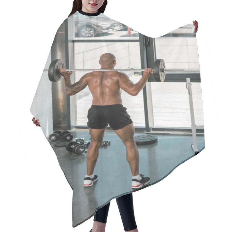 Personality  Back View Of Athletic Young Shirtless Man Lifting Barbell In Gym  Hair Cutting Cape