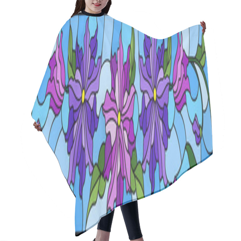 Personality  Illustration In Stained Glass Style With Flowers, Leaves And Buds Of Purple Flowers On A Blue Background, Symmetrical Image, Horizontal Orientation Hair Cutting Cape