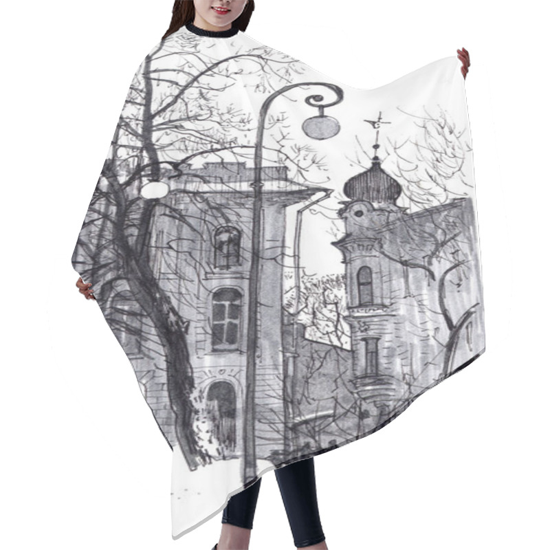 Personality  Famous View Of Saint Petersburg, Russia In Winter. Silhouettes Of Historic Buildings, Trees And Lanterns On Vasilevsky Island. Hand Drawn Sketchy Style Marker Pen Illustration. Hair Cutting Cape