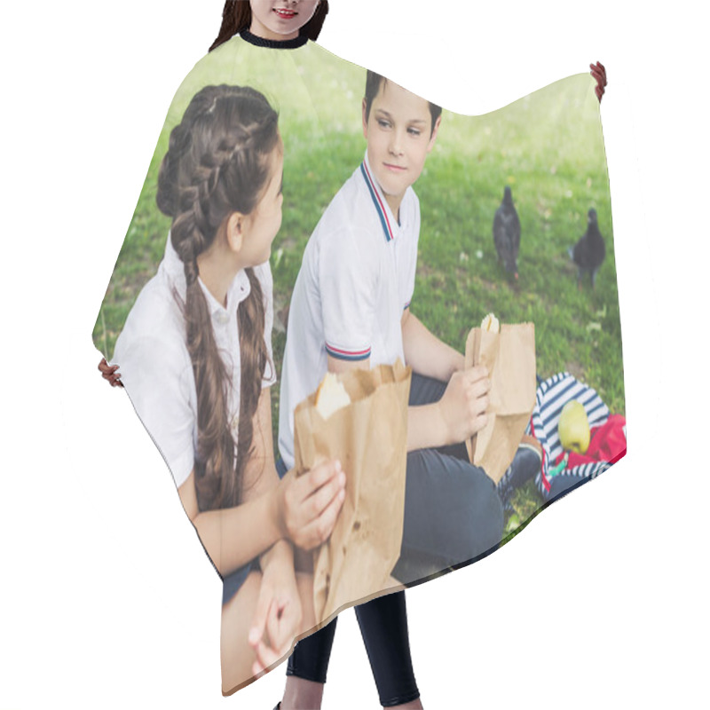 Personality  Happy Schoolchildren Sitting On Green Grass And Taking Lunch Hair Cutting Cape