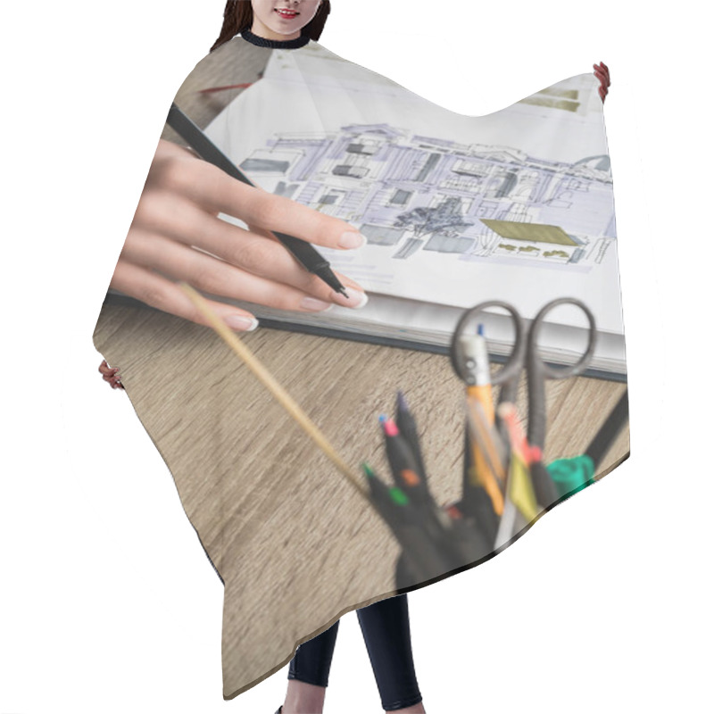 Personality  Selective Focus Of Womans Hands Thumbing Sketchbook On Wooden Table Hair Cutting Cape