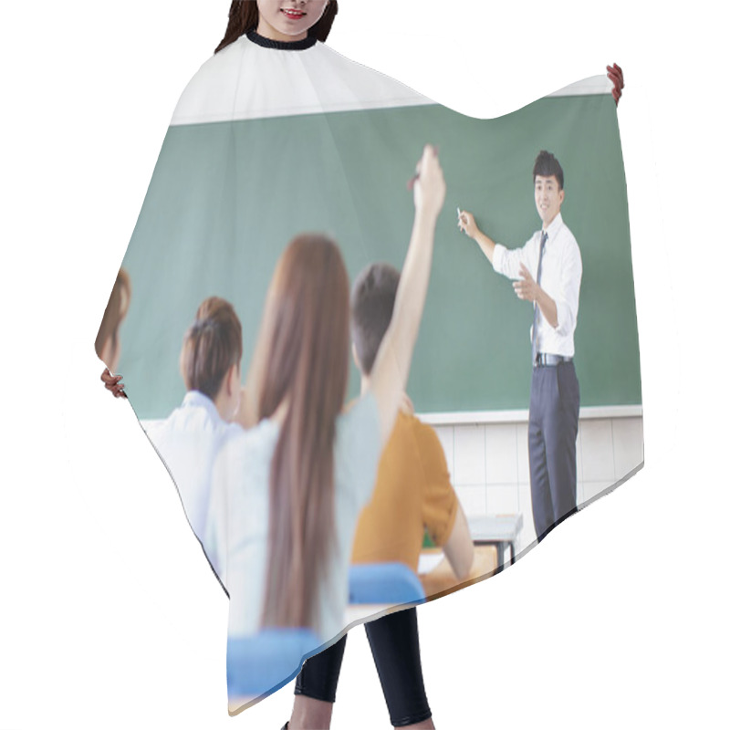 Personality  Teacher With Group Of College Students In Classroom Hair Cutting Cape