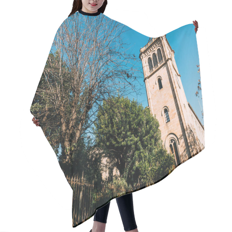 Personality  old tower and green trees, barcelona, spain hair cutting cape