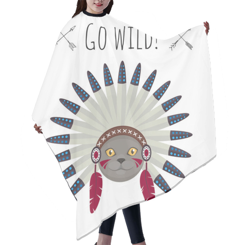 Personality  Illustration Of Cat In Native American Indian War Bonnet. Hair Cutting Cape