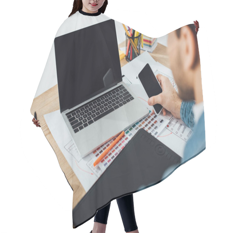 Personality  Selective Focus Of Ux Designer Using Smartphone Near Laptop, Graphics Tablet And Layouts With Sketches On Table On Grey Background Hair Cutting Cape