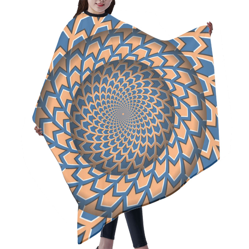 Personality  Abstract Round Frame With A Rotating Blue Orange Arrows Pattern. Optical Illusion Hypnotic Background. Hair Cutting Cape