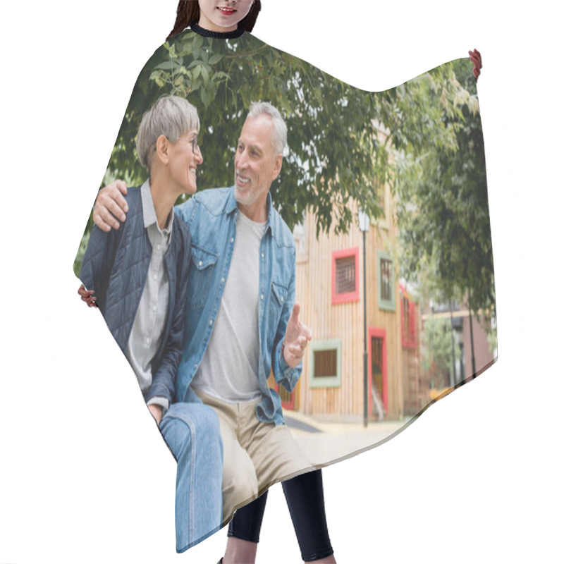 Personality  Mature Man Hugging Smiling Woman And Looking At Her  Hair Cutting Cape