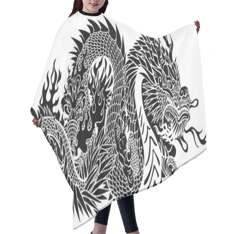 Personality  Eastern Dragon. Chinese Or Asian Symbolic Mythological Creature. Side View .Black And White Tattoo Style Vector Illustration Hair Cutting Cape