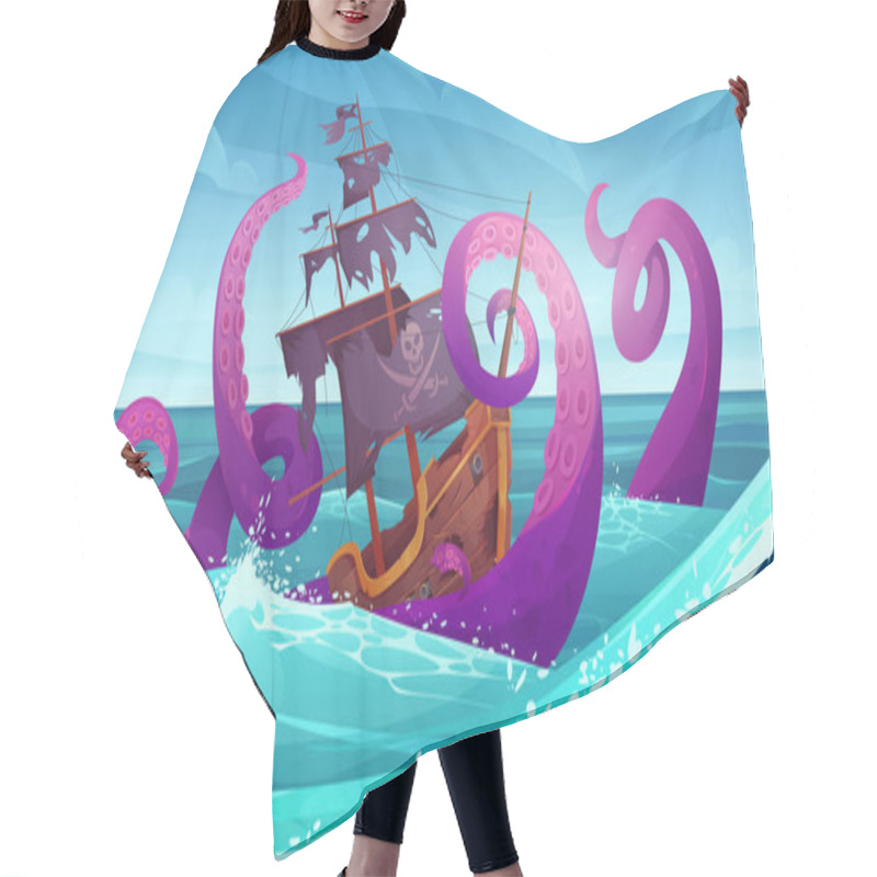 Personality  Battle Between Giant Octopus And Pirate Ship In Sea Landscape Vector Illustration. Cartoon Fairytale Monster Sinking Corsair Boat With Cannons In Water Waves, Perilous Ancient Kraken And Broken Ship Hair Cutting Cape