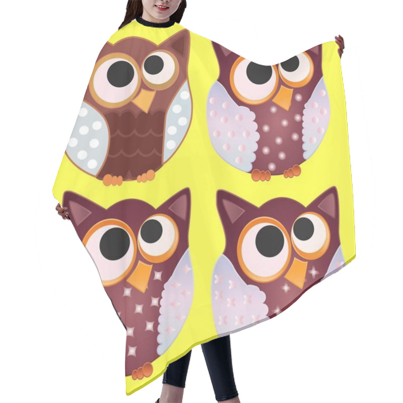 Personality  Four Brown Owl With Blue Wings In Specks And Stars And Eyes Centered On The Center Hair Cutting Cape