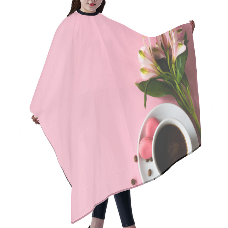 Personality  Cup Of Coffee With Macaroons With Coffee Beans On A Saucer With A Pink Flower On A Pink Background Hair Cutting Cape