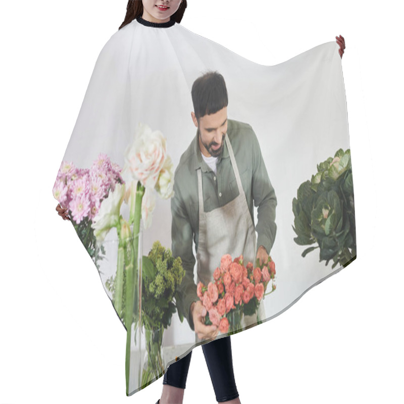 Personality  A Skilled Florist Crafts A Stunning Bouquet Among Lush Greenery And Blooms, Showcasing Creativity. Hair Cutting Cape