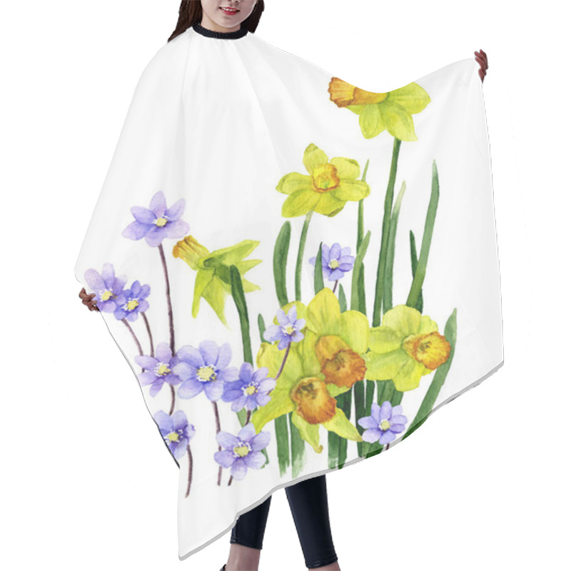 Personality  Picture Of Trumpet Daffodills (yellow Narcissi) And Light-blue Flowers (hepatic Flowers) Hand Painted In Watercolor. The Symbol Of Spring And Nature's Awakening. Hair Cutting Cape