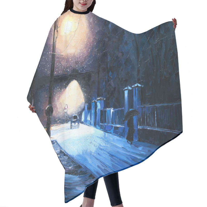 Personality  Winter Snow Lantern Park Machine Girl Under Umbrella Oil Painting Hair Cutting Cape