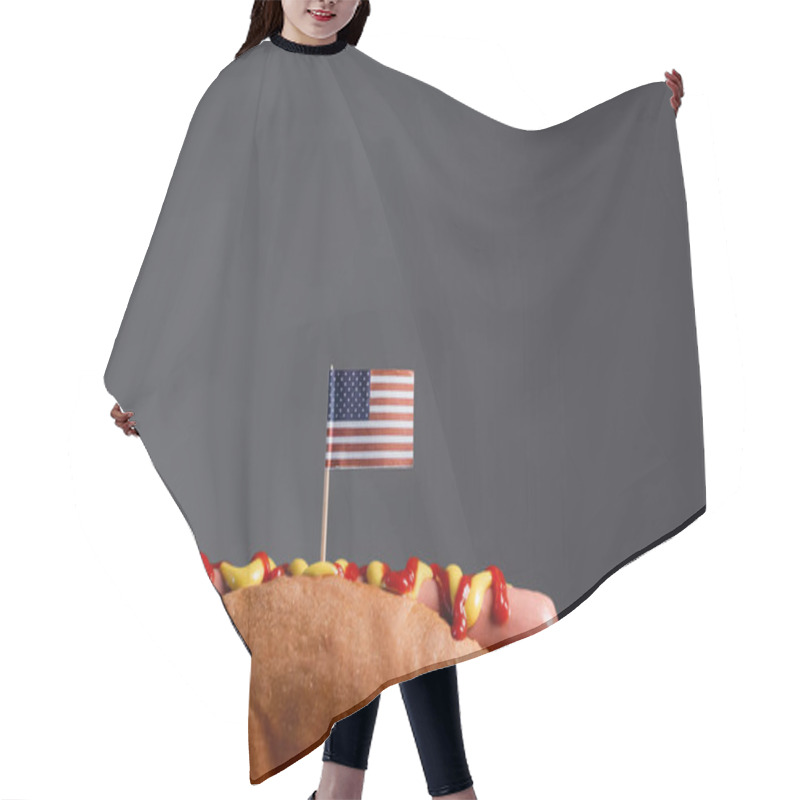 Personality  Tasty Hot Dog With Small American Flag Isolated On Grey With Copy Space Hair Cutting Cape