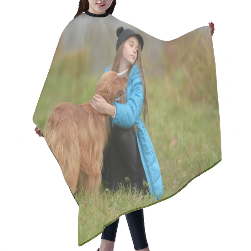 Personality  Happy Girl In The Park With A Spaniel In The Fall By The Lake Hair Cutting Cape