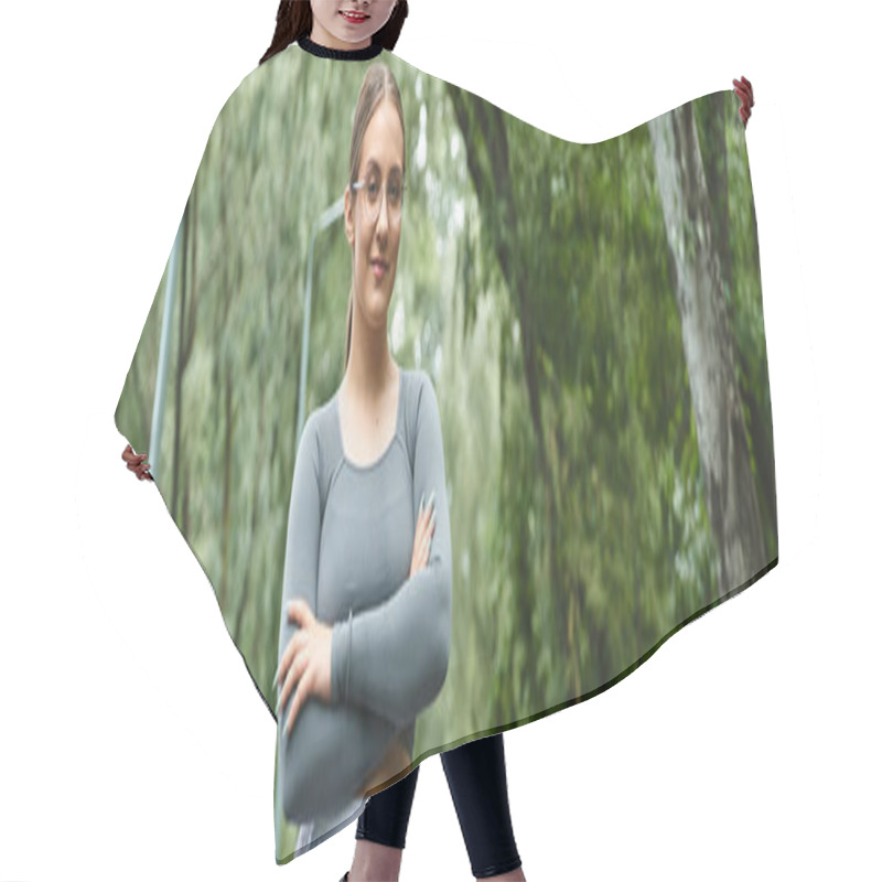 Personality  A Young Woman Confidently Engages In Her Outdoor Workout Routine. Hair Cutting Cape