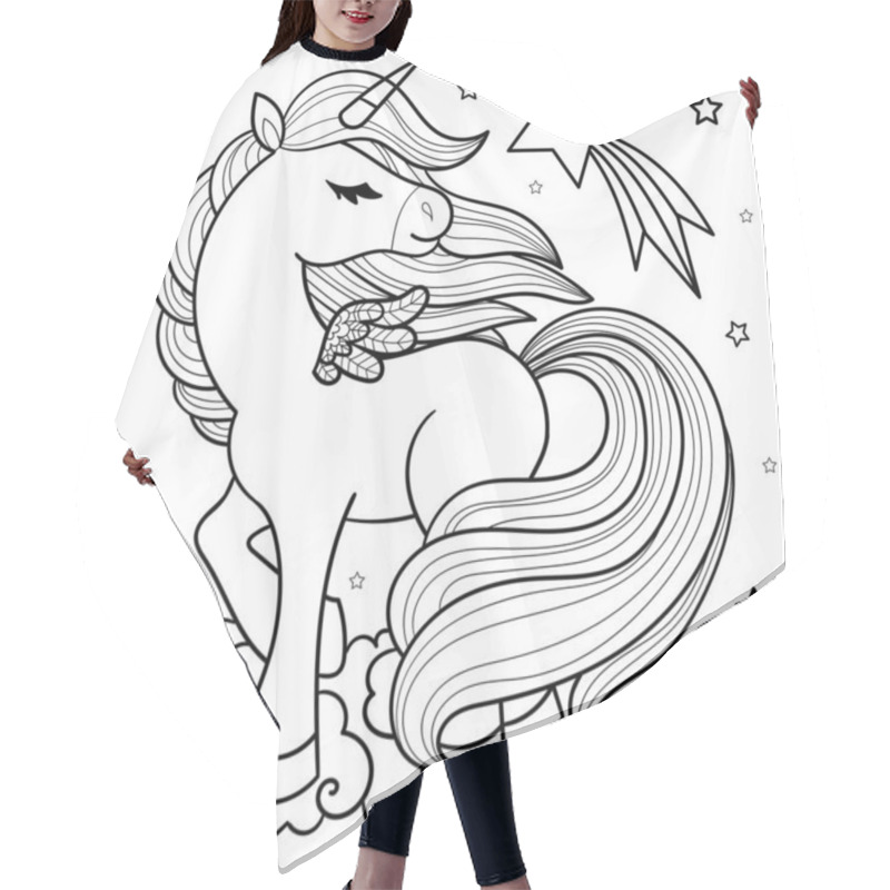 Personality  A Beautiful Unicorn With A Long Tail. Black And White Linear Drawing. For The Design Of Coloring Books, Postcards, Prints, Posters, Stickers, Tattoos And So On. Vector Hair Cutting Cape