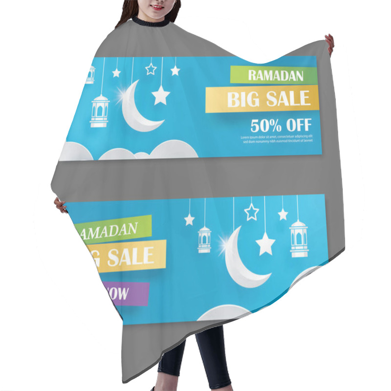 Personality  Ramadan Kareem Big Sale Banner Design With Crescent Moon Paper Art Background. Use For Greeting Card, Poster, Flyer, Brochure, Vector Illustration Template. Hair Cutting Cape