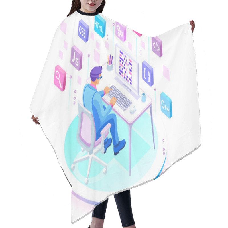 Personality  Programmer And Engineering Development Illustration. A Developer Of Project Team Of Engineers For Website Coding. Software Programming, Web Agency, Professional Employee At Laptop. Isometric Vector. Hair Cutting Cape