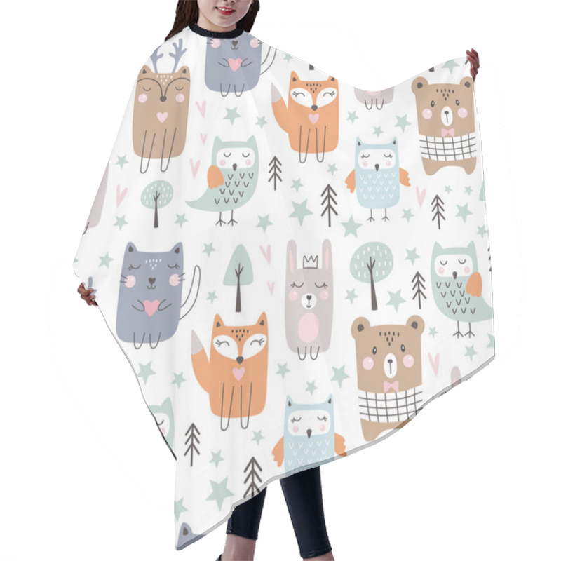 Personality  Seamless Pattern With Cute Forest Animals. Hand Drawn Style. Vec Hair Cutting Cape