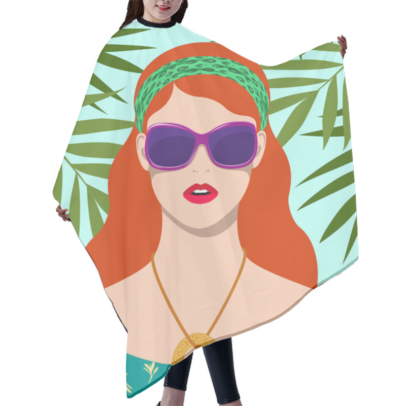 Personality  Beautiful Redhead Woman With Long Wavy Hair Wearing Large Fashionable Sunglasses, Necklace And Dress With Floral Pattern Against Sunny Blue Sky And Green Palm Leaves, Colorful Vector Illustration Hair Cutting Cape