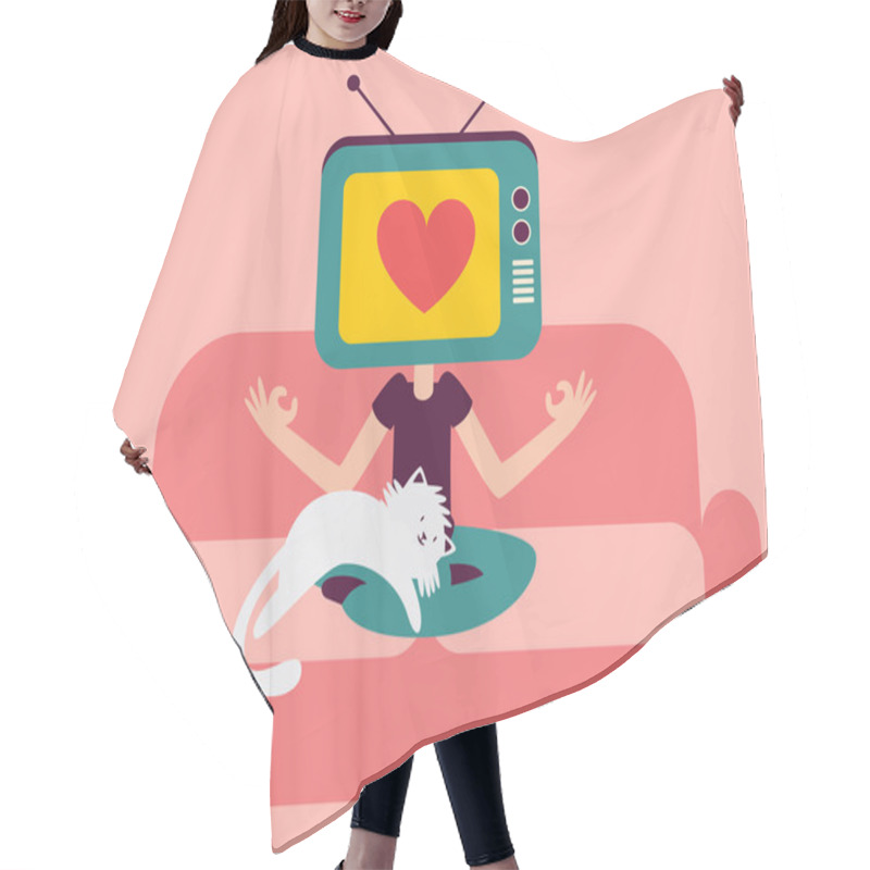 Personality  Zen TV Head Person Meditating On Sofa With Cat Hair Cutting Cape