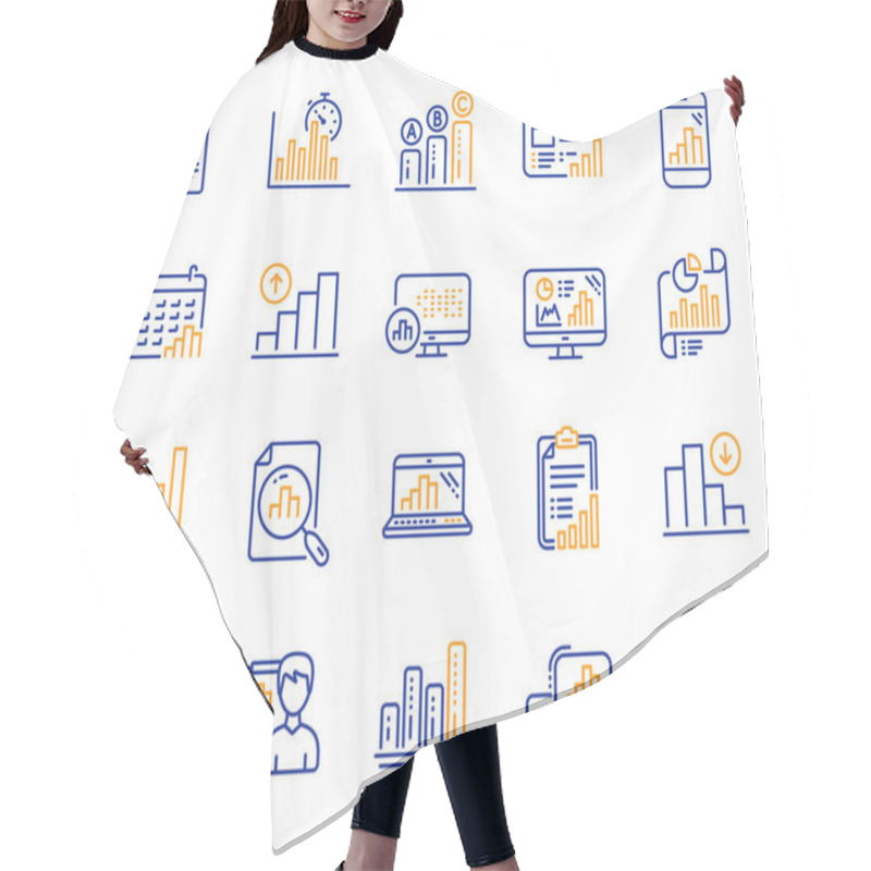 Personality  Graph Line Icons. Set Of Chart Presentation, Report, Increase Growth Graph Icons. Analytics Testing, Falling Demand, Pie Chart Report. Calendar Statistics, Stats. Ab Testing, Increase Sales. Vector Hair Cutting Cape