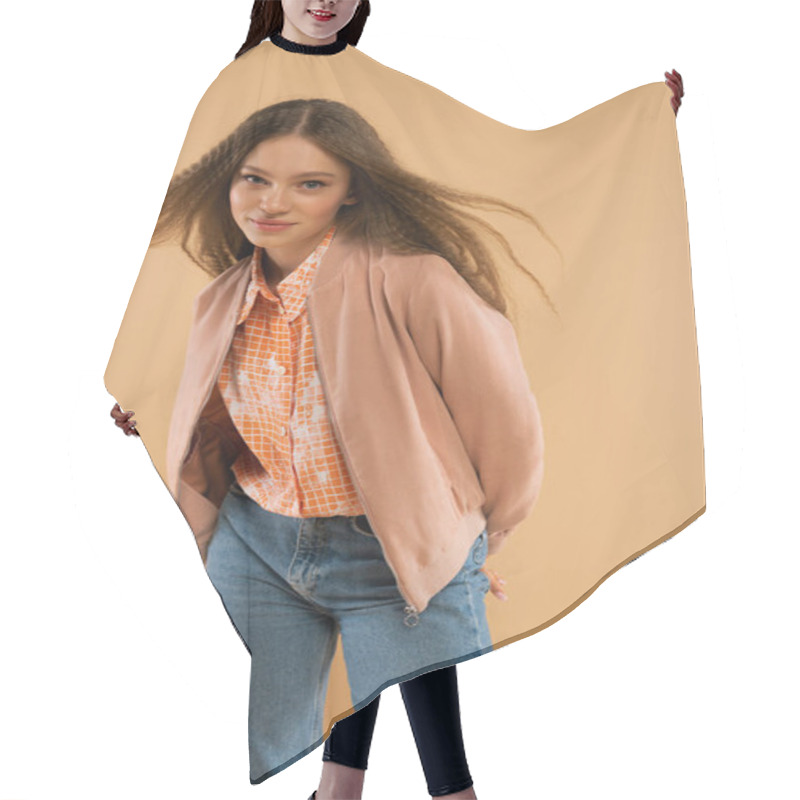 Personality  Pretty Teenage Girl In Autumnal And Casual Clothes Posing Isolated On Beige Hair Cutting Cape