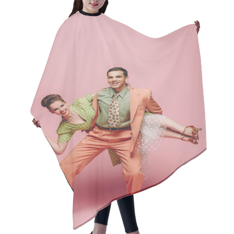 Personality  Elegant Dancer Holding Girl While Dancing Boogie-woogie On Pink Background Hair Cutting Cape