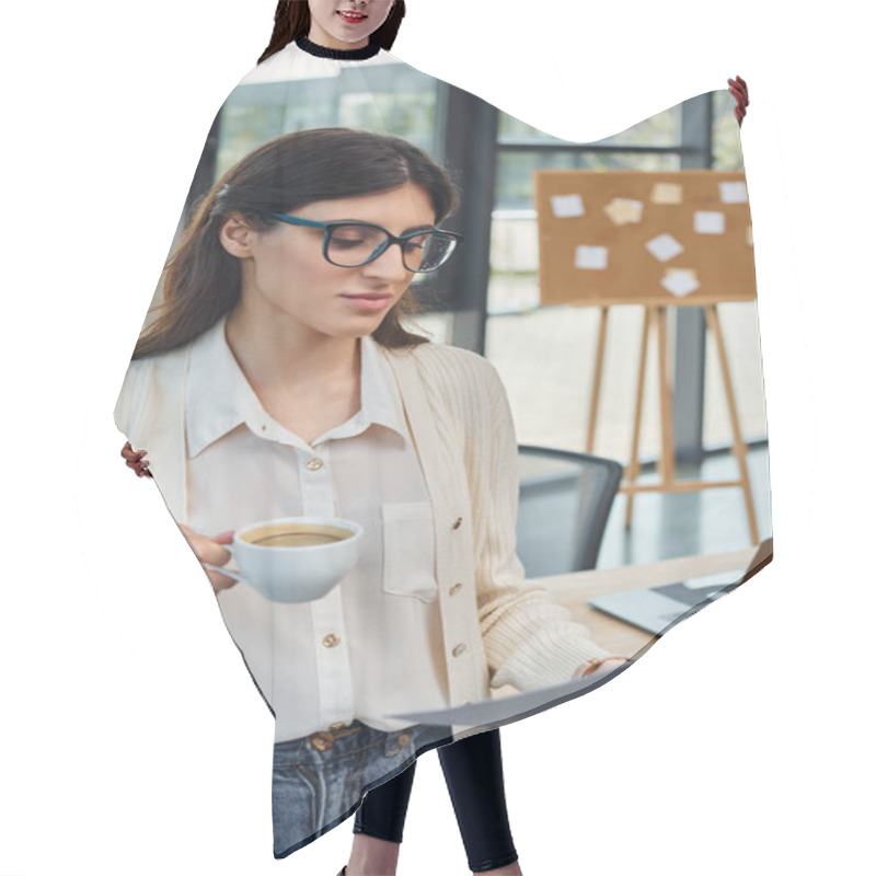 Personality  A Businesswoman In A Modern Office Holding A Cup Of Coffee, Taking A Break From Her Work. Hair Cutting Cape