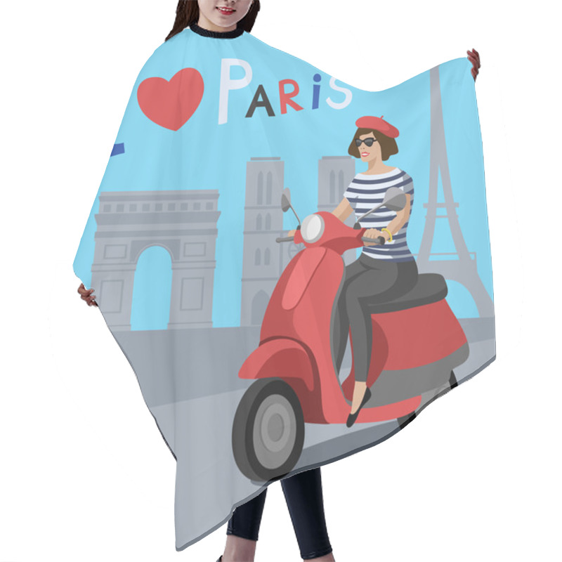 Personality  Woman Riding Scooter In Paris Street. Vector Illustration Hair Cutting Cape