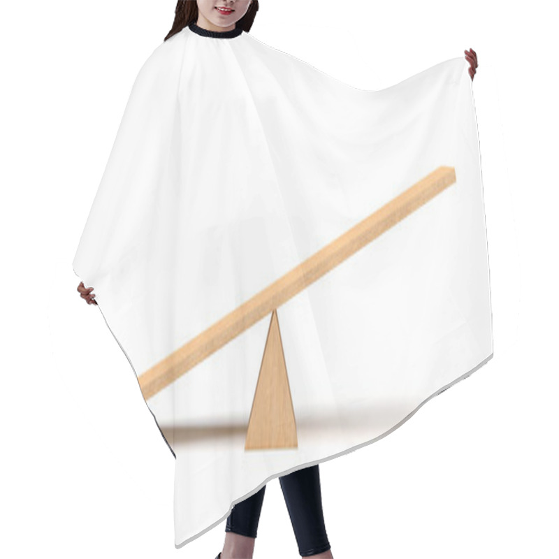 Personality  3d Rendering Of A Light Wooden Seesaw With The Left Side Leaning To The Ground On White Background. Hair Cutting Cape