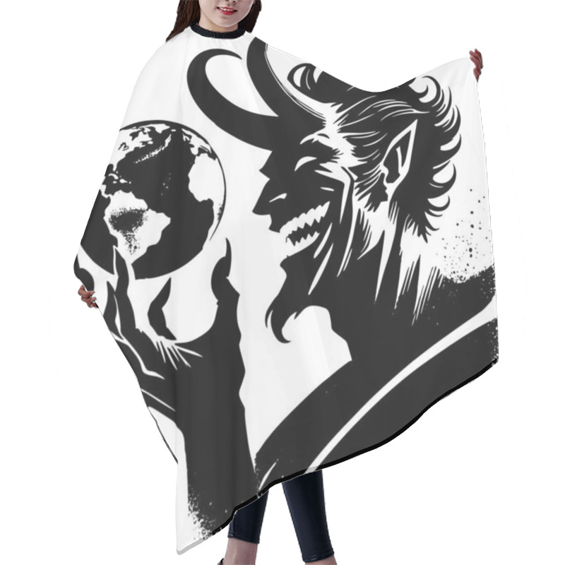 Personality  Black Horned Smiling Laughing Demon Silhouette With Earth In One Of Its Clawed Hands. Black And White Vector Isolated Evil Pattern Illustration On White Background. Hair Cutting Cape