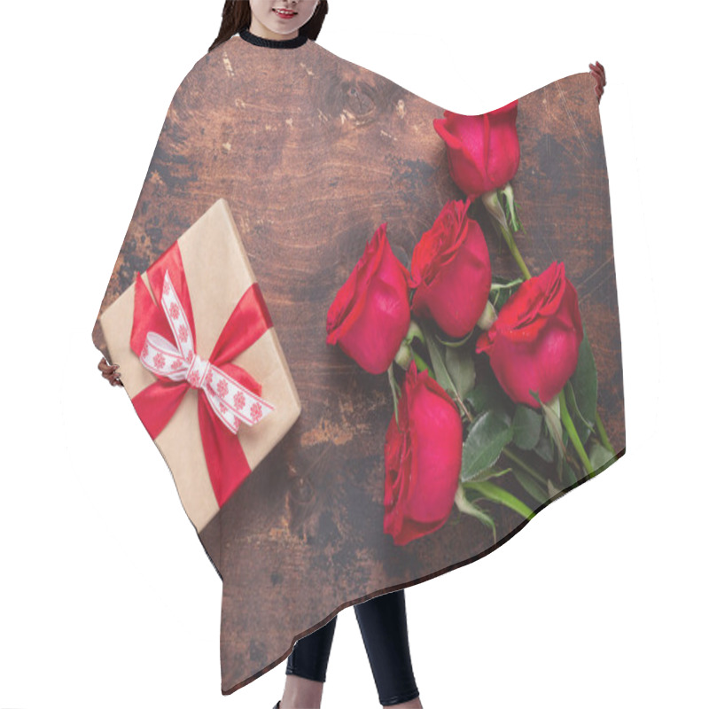 Personality  Red Roses And Gift Box On Wooden Background. Valentines Day Greeting Card Hair Cutting Cape