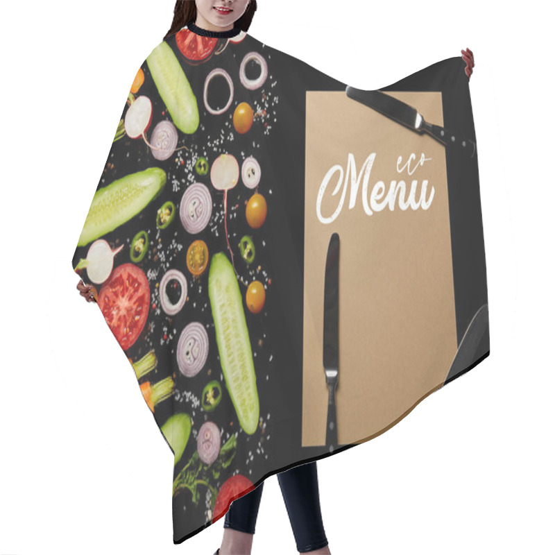 Personality  Top View Of Fresh Vegetable Slices With Salt Near Paper Card With Menu Illustration And Knives Isolated On Black  Hair Cutting Cape