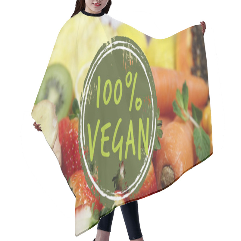 Personality  Composite Of 100 Percent Vegan Text Over Fruit And Vegetables. Eco Healthy Food And Home Grown Produce Concept Digitally Generated Image. Hair Cutting Cape