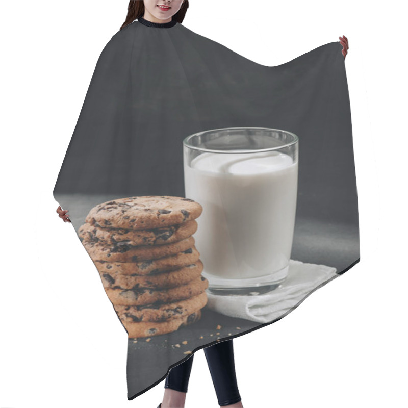 Personality  Stack Of Chocolate-chip Cookies With Glass Of Milk On Black Surface Hair Cutting Cape