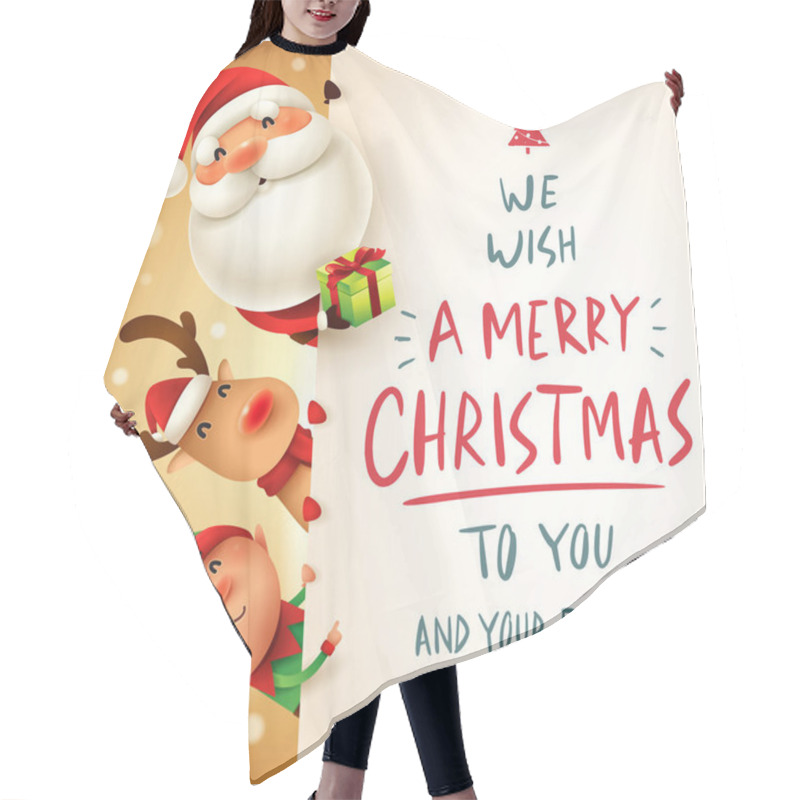 Personality  Santa Claus, Reindeer And Elf With Big Signboard. Merry Christmas Calligraphy Lettering Design. Creative Typography For Holiday Greeting. Hair Cutting Cape