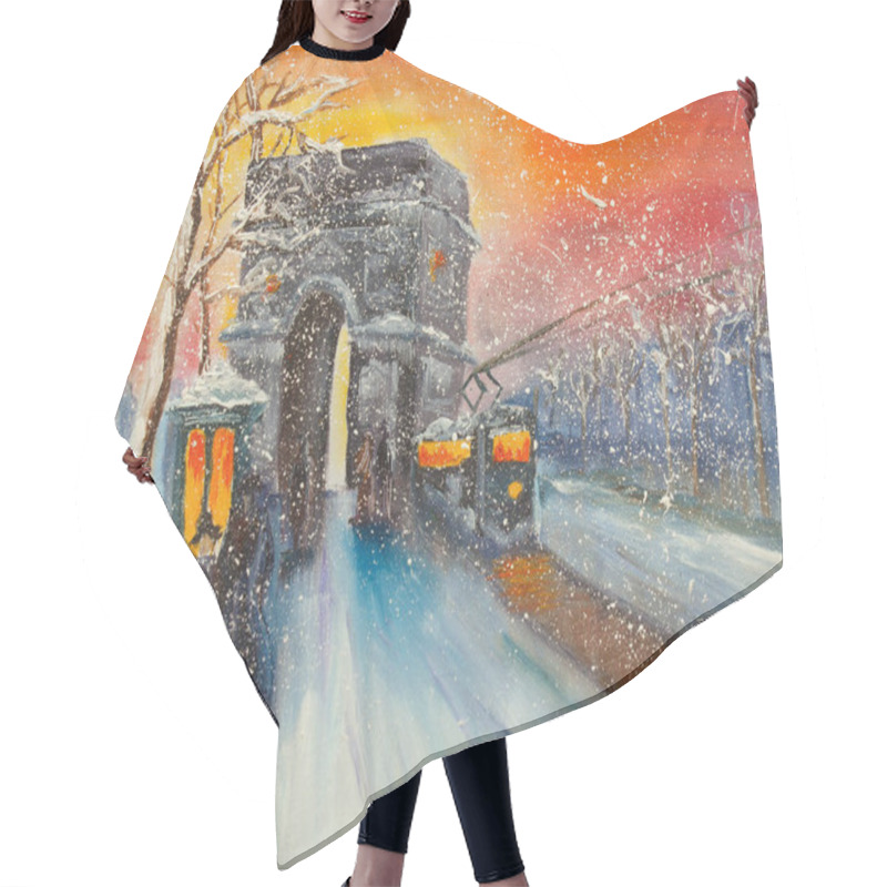 Personality  Winter Night In City Evening Original Oil Painting Hair Cutting Cape