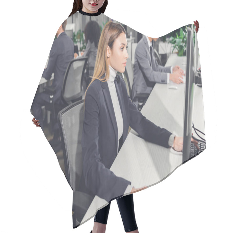 Personality  Focused Young Businesswoman Using Desktop Computer While Working With Colleagues In Open Space Office Hair Cutting Cape