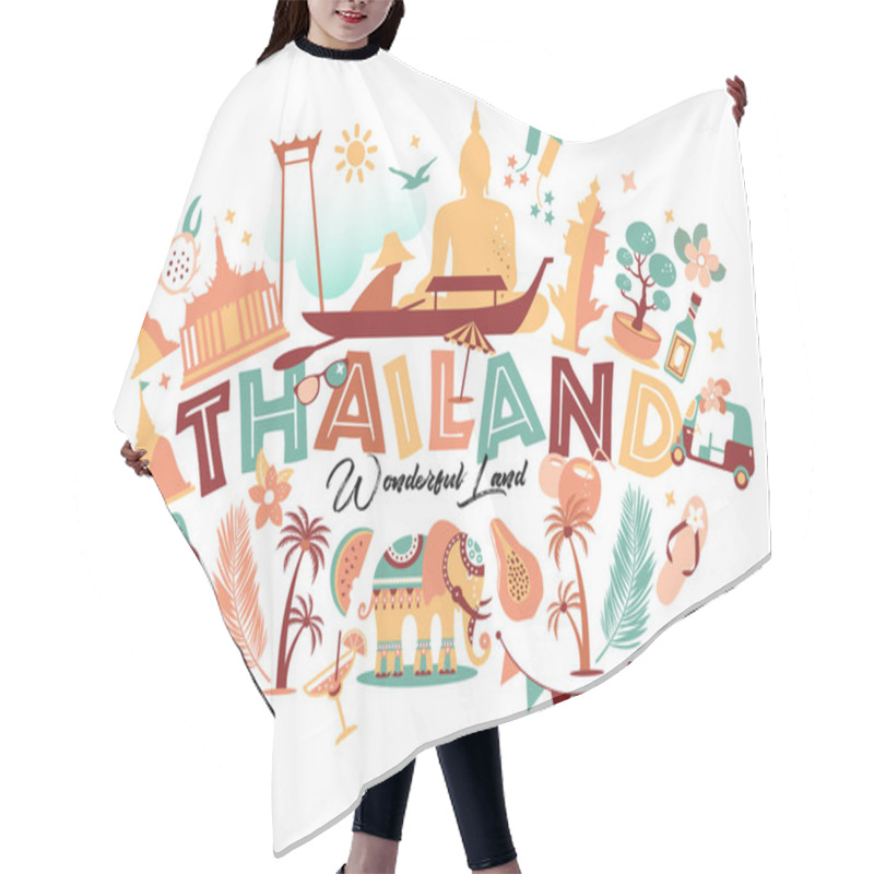 Personality  Collection Of Thailand Symbols With Text. Vector Poster. Postcard In Trend Color. Travel Illustration. Web Banner Of Travel With Letters. Hair Cutting Cape