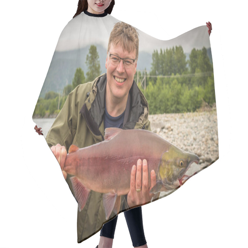 Personality  A Happy Fisherman Holding Up A Red Sockeye Salmon, Caught On The Kitimat River, British Columbia, Canada Hair Cutting Cape