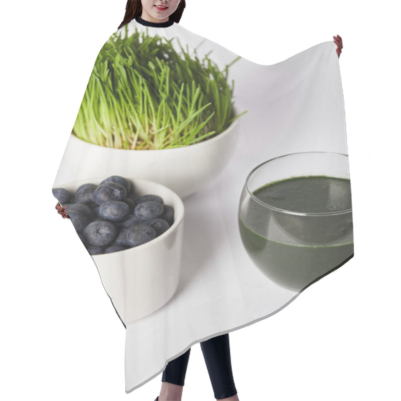 Personality  Fresh Drink From Spirulina, Cups With Spirulina Grass And Blueberries On Grey Background  Hair Cutting Cape