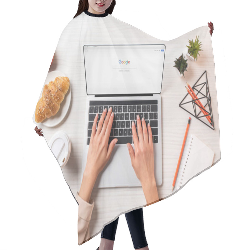 Personality  Cropped Shot Of Businesswoman Using Laptop With Google Website At Table With Coffee, Apple And Croissant      Hair Cutting Cape