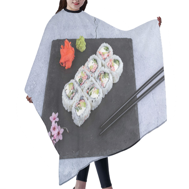 Personality  Sushi Roll Sushi With Prawn, Avocado, Cream Cheese, Sesame. Sushi Menu. Japanese Food. Hair Cutting Cape